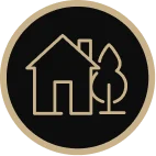 Black circular icon with beige border featuring a house and a tree outline.