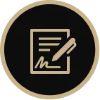 Icon of a document with text lines and a pen signing at the bottom, beige on black circular background.