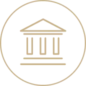 Icon of a classical bank building in beige within a black circular border.