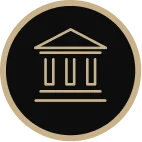Icon of a classical building with columns in gold on a black circular background.