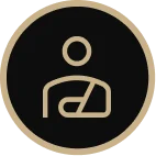 Icon of a person with an arm in a sling, beige on black circular background.