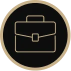 Icon of a beige briefcase outlined in beige on a black circular background with a beige border.