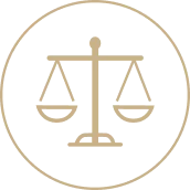 Gold scales of justice icon enclosed in a circular border on black background.