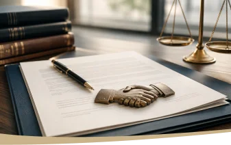 Formal legal documents on desk with pen, handshake paperweight, scales of justice, and law books.