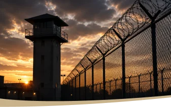 Barbed wire fence and guard tower at prison facility during sunset.