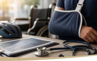 Man with arm in sling sitting at desk with stethoscope, tablet, and bicycle helmet.