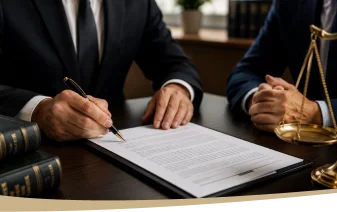 Two professionals in suits reviewing and signing a legal document at a desk.