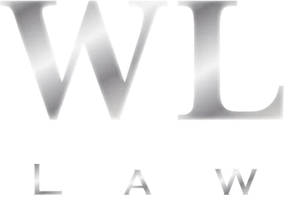 Metallic silver letters "W L" with the word "LAW" beneath in smaller font on a transparent background.