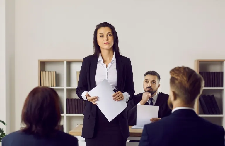 Professional woman in business attire presenting documents to seated colleagues in office.