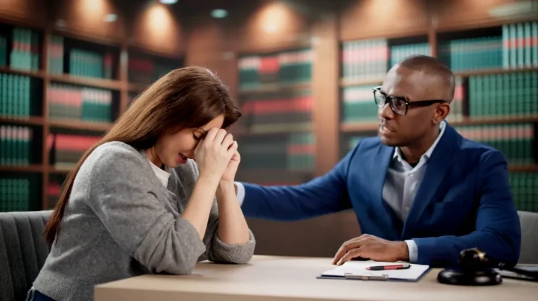 Two individuals in a law office, one comforting the other who appears distressed.