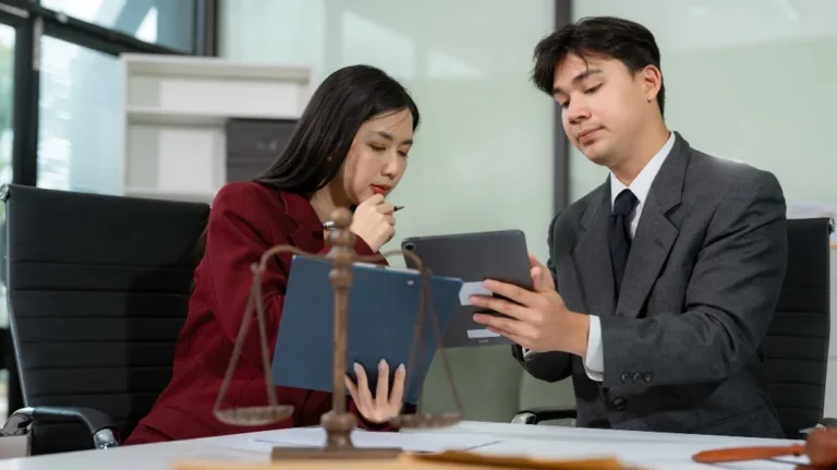 Two professionals in formal attire reviewing documents and a tablet in an office setting.