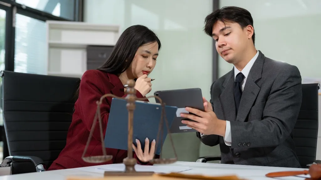 Two professionals in formal attire reviewing documents and a tablet in an office setting.