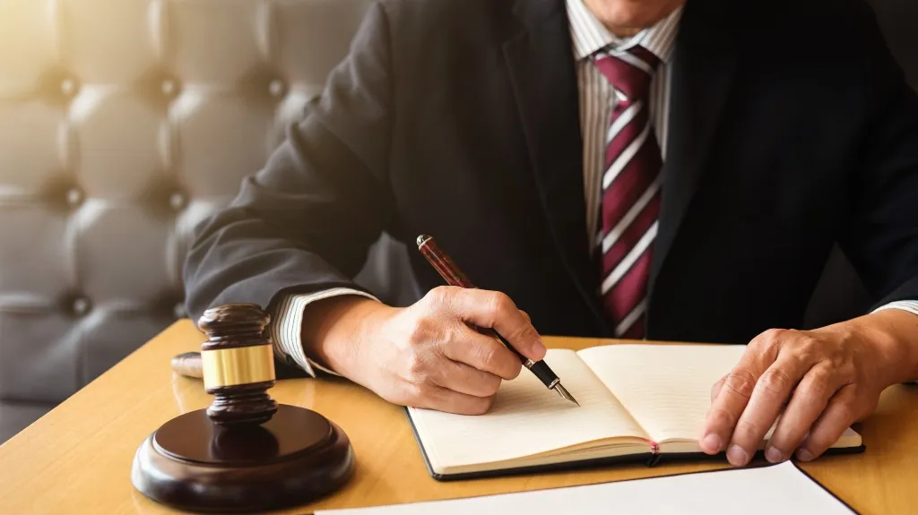 Man in dark suit and striped tie writing in notebook, gavel on wooden table.